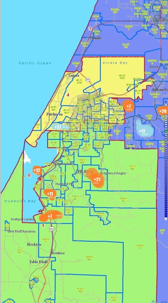 Outlying Eureka Precinct Net Votes by Precinct Red for John Fullerton, Blue for Lisa Ollivier